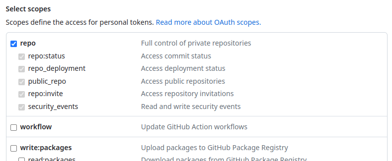Select the checkbox 'repo' to create an access token with 'read' rights